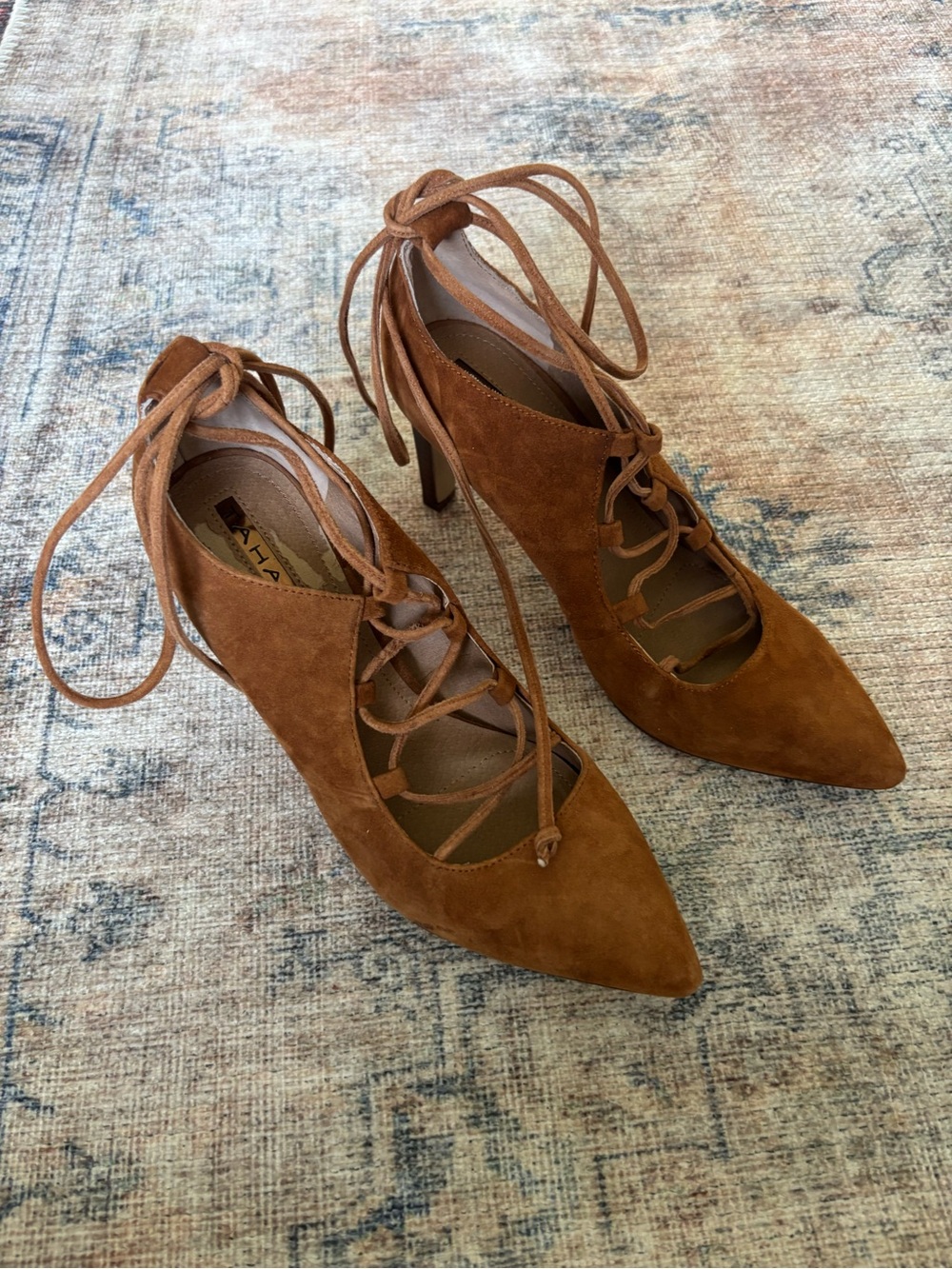 Tahari Chestnut Suede Lace-Up Pointed-Toe Heels